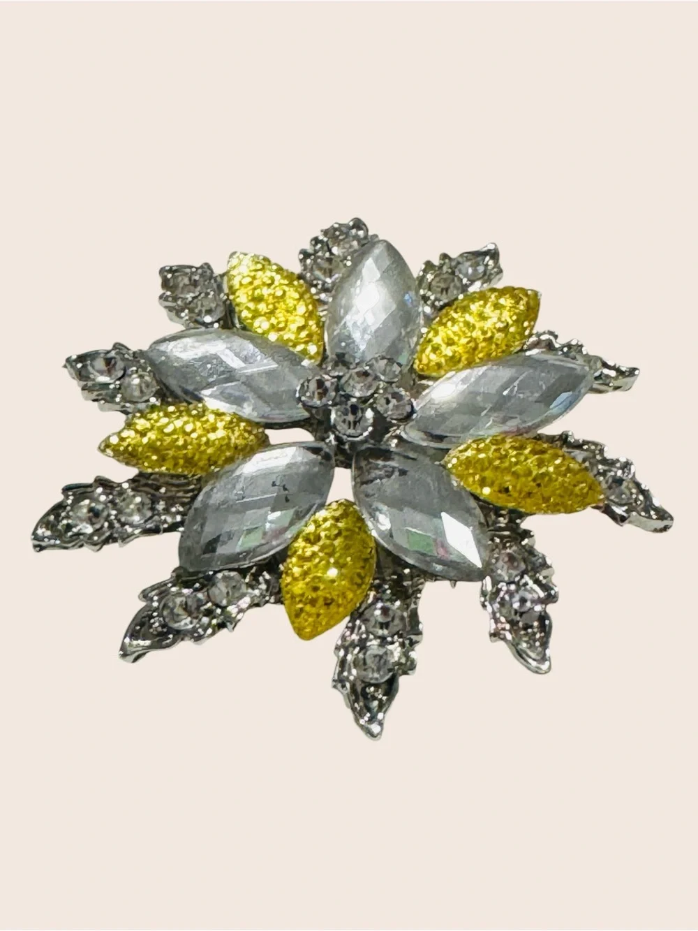 Vintage Silver Tone Rhinestone & Yellow Crystal Floral Starburst Brooch Pin 2”